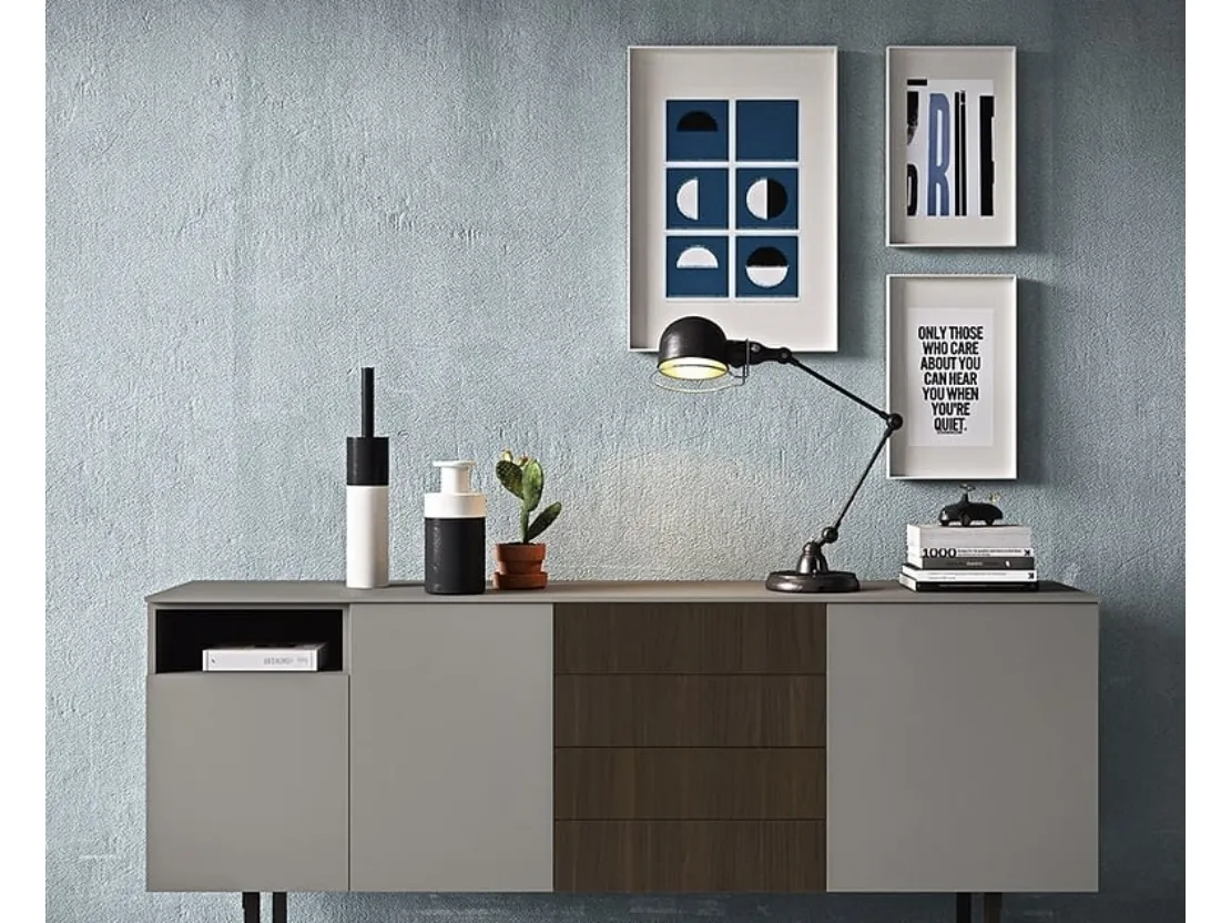 Madia BK03|2 in laccato ardesia con cassettiera in rovere materico rovere termotrattato di Cinquepuntozero