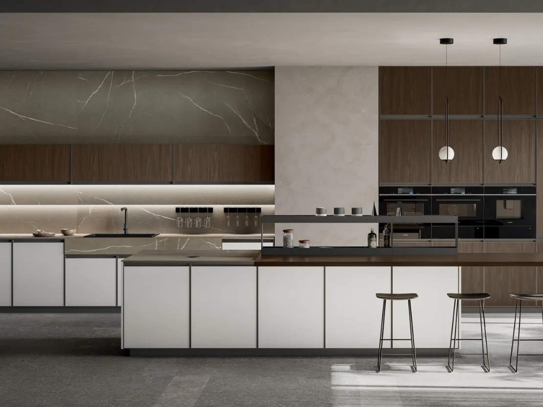 Cucina Moderna con isola Kronos 02 in pet bianco e laminato noce di Arredo3